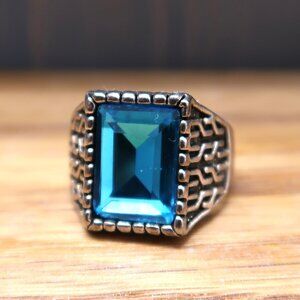 Men's Chunky Ring Unmarked Silver Tone Large Rectangular Light Blue Stone 10.5
